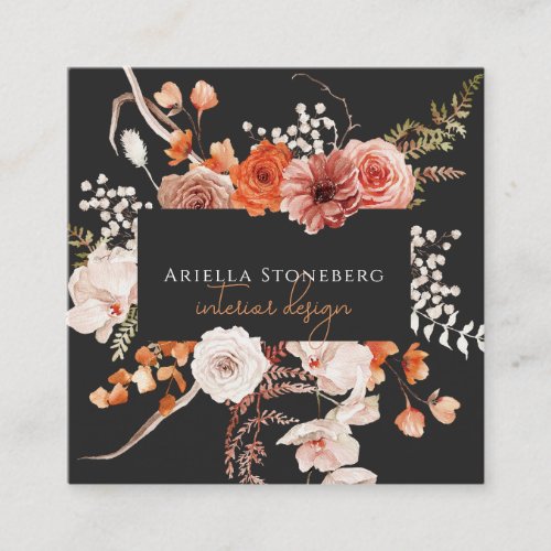 Pretty Painted Floral On Black Interior Designer Square Business Card
