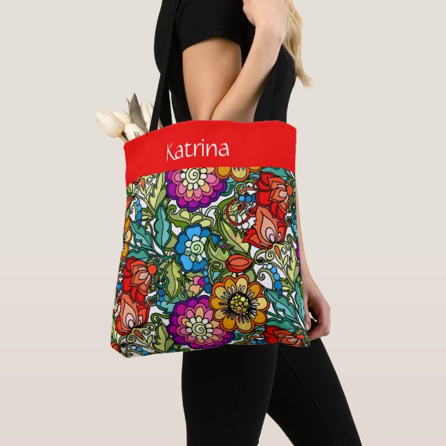 Pretty painted flowers, personalized tote bag (Close Up)