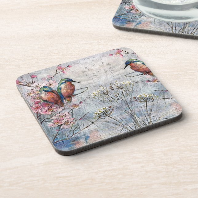 Pretty Painted Kingfishers and Flowers Beverage Coaster (Left Side)