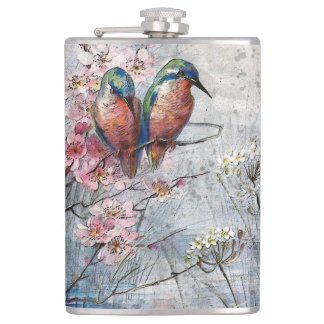 Pretty Painted Kingfishers and Flowers  Flask
