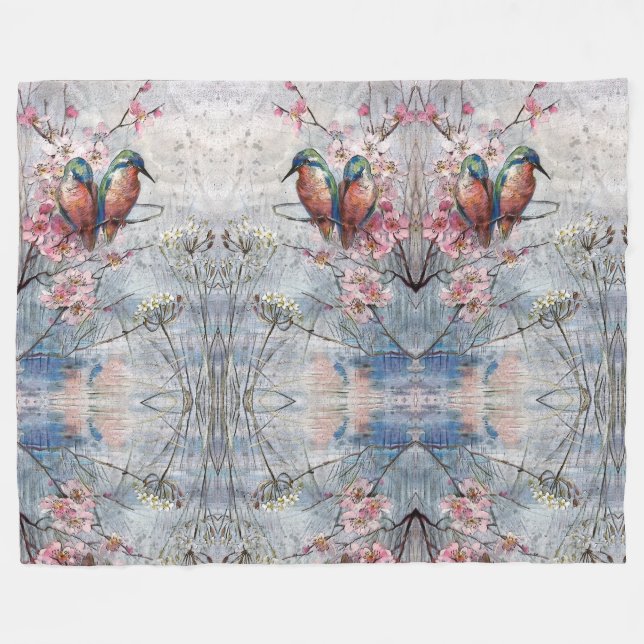 Pretty Painted Kingfishers and Flowers  Fleece Blanket (Front (Horizontal))