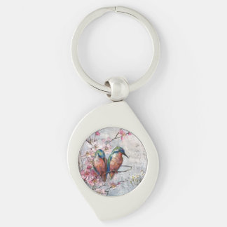 Pretty Painted Kingfishers and Flowers Keychain