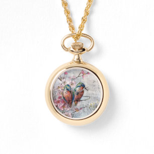 Pretty Painted Kingfishers and Flowers Keychain Watch