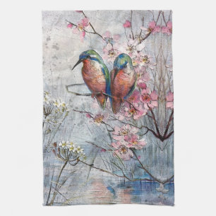 Pretty Painted Kingfishers and Flowers Kitchen Towel