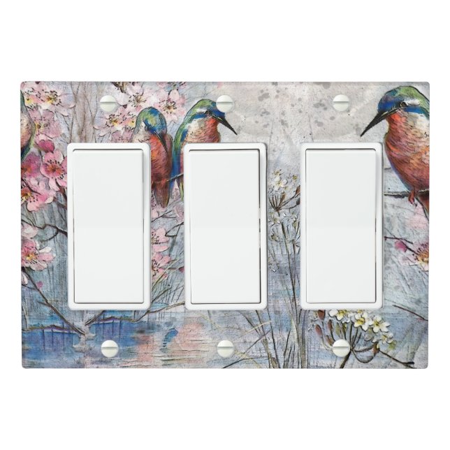 Pretty Painted Kingfishers and Flowers Light Switch Cover (In Situ)