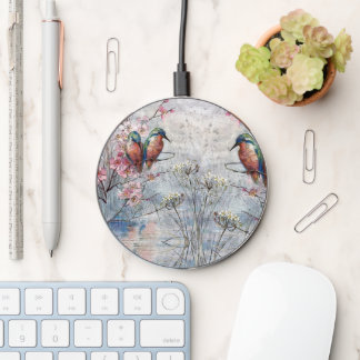 Pretty Painted Kingfishers and Flowers Wireless Charger