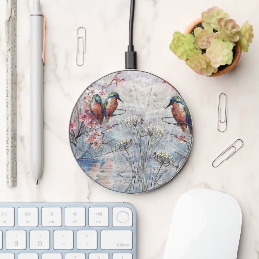 Pretty Painted Kingfishers and Flowers Wireless Charger (Desk)