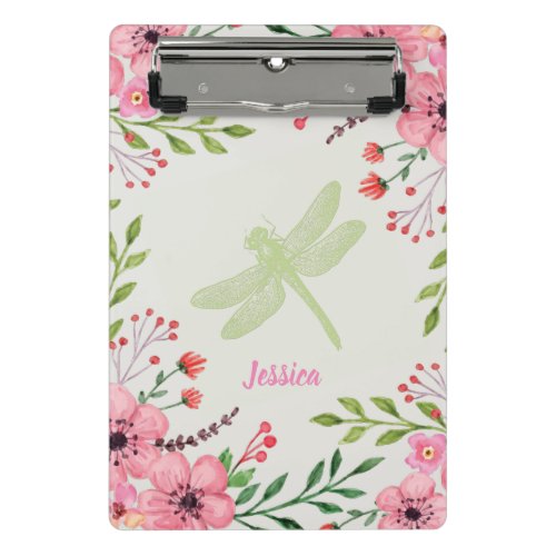 Pretty Painted Pink Flowers with Green Dragonfly Mini Clipboard