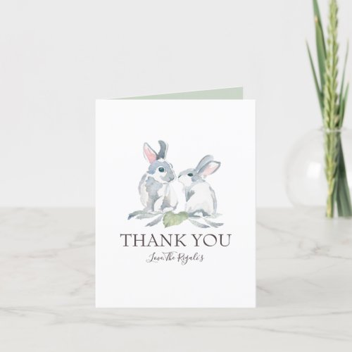 Pretty Painted Watercolor Bunny and Green Leaves Thank You Card