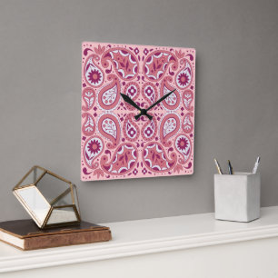 Pretty Paisley Design Flowers Tear Drops Pinks Square Wall Clock