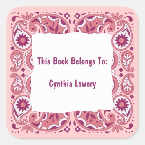 Pretty Paisley Pattern Pinks White Flowers Square Sticker