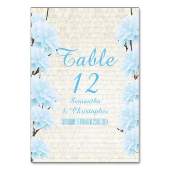 Pretty Pale Blue Floral Flower Blossom Wedding Table Number by personalized_wedding at Zazzle