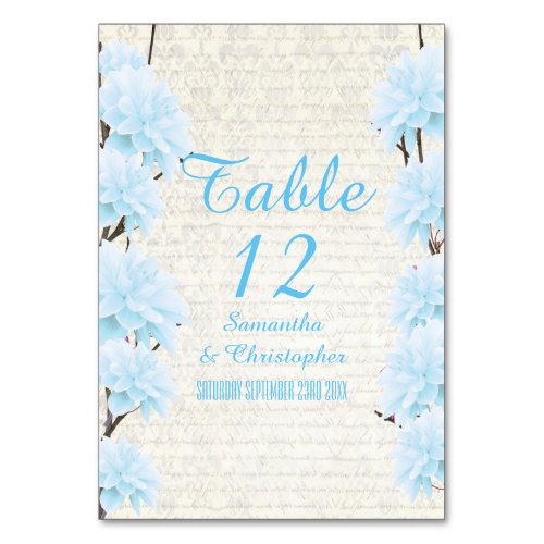 Pretty pale blue floral flower blossom wedding table number