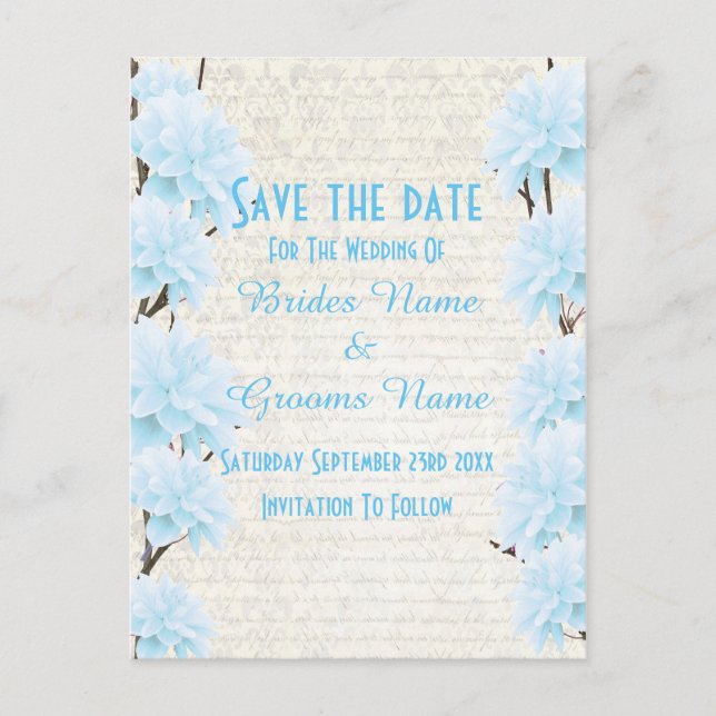 Pretty pale blue floral save the date announcement postcard (Front)
