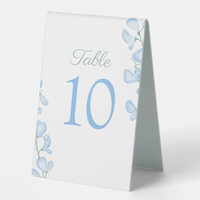 Pretty Pale Blue Floral Wedding Party Table Number Tent (Front)