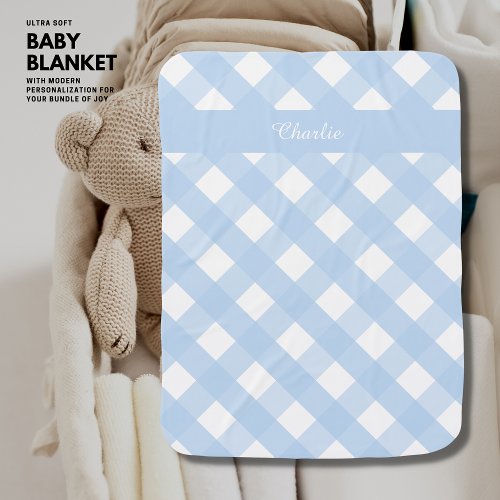 Pretty Pale Blue Gingham Personalized Baby Blanket