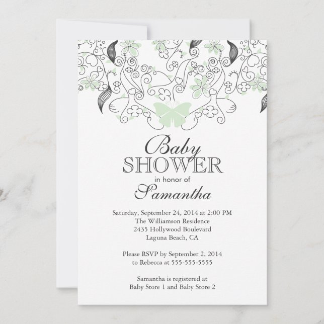 Pretty Pale Green Butterfly Neutral Baby Shower Invitation (Front)