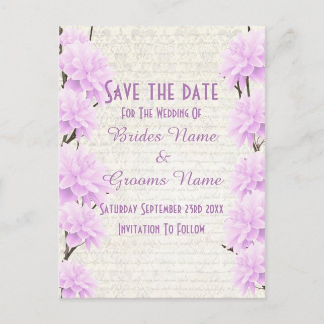 Pretty pale lilac floral save the date announcement postcard (Front)