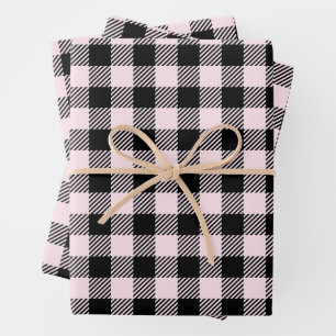 Pretty Pale Pink And Black Buffalo Plaid Wrapping Paper Sheets