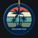 Pretty Palm Tree Blue Beach House Custom Christmas Ceramic Ornament<br><div class="desc">Cute summer family Christmas ornament for a beach house or island vacation rental by the sea.Features beautiful palm trees in front of a pretty ocean sunset on deep blue.. Perfect custom gifts for a seaside home.</div>