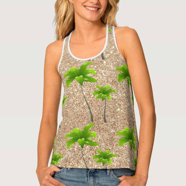 Pretty Palm Trees Soft Gold Faux Glitter Tank Top (Front)