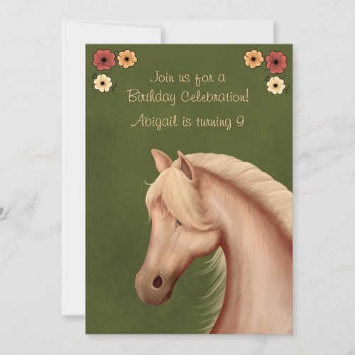 Pretty Palomino and Flowers Horse Birthday Invite