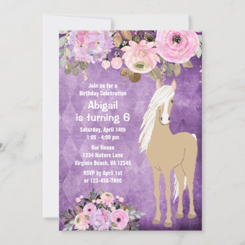 Pretty Palomino Horse Pink Purple Floral Birthday Invitation