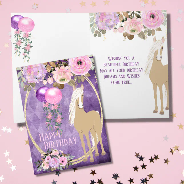 Pretty Palomino Pink Purple Flowers Horse Birthday Card | Zazzle