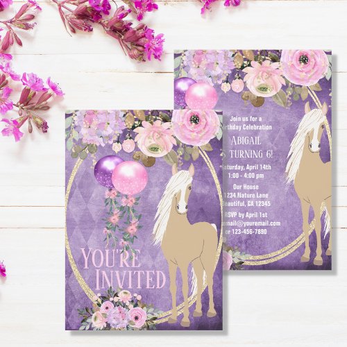 Pretty Palomino Pink Purple Flowers Horse Birthday Invitation