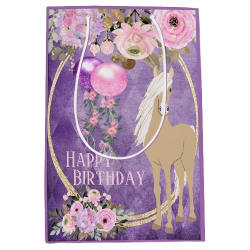 Pretty Palomino Pink Purple Flowers Horse Birthday Medium Gift Bag