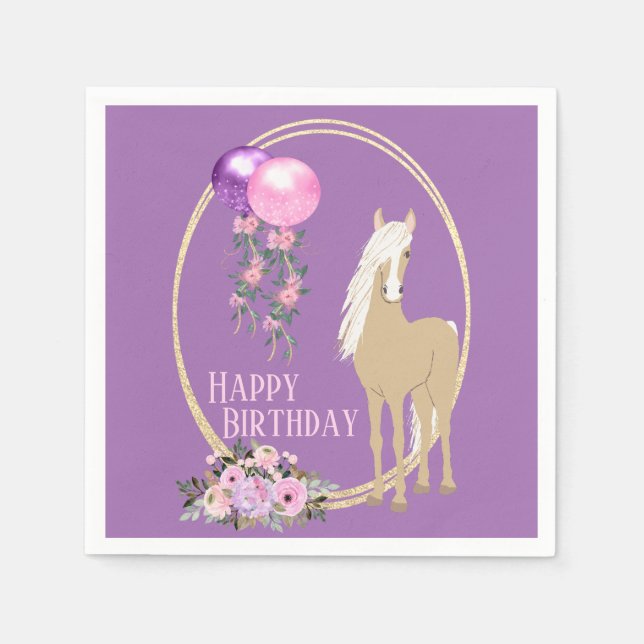 Pretty Palomino Pink Purple Flowers Horse Birthday Napkins (Front)