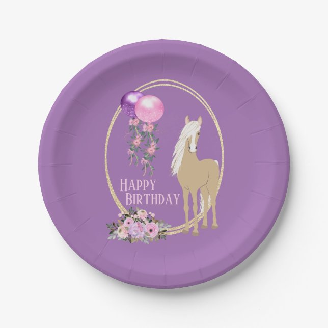 Pretty Palomino Pink Purple Flowers Horse Birthday Paper Plates (Front)