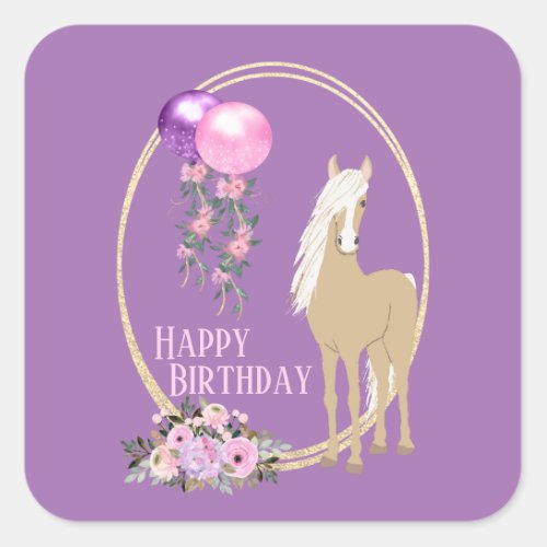 Pretty Palomino Pink Purple Flowers Horse Birthday Square Sticker