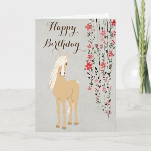 Pretty Palomino Pony and Flowers Horse Birthday Card