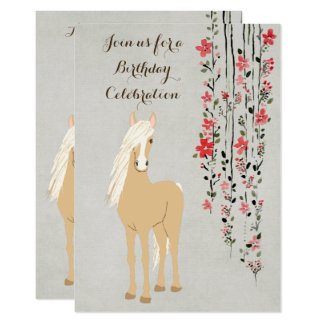 Pretty Palomino Pony and Flowers Horse Birthday Invitation