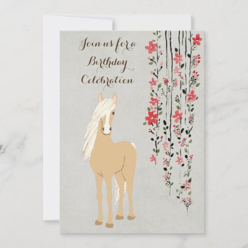 Pretty Palomino Pony and Flowers Horse Birthday Invitation