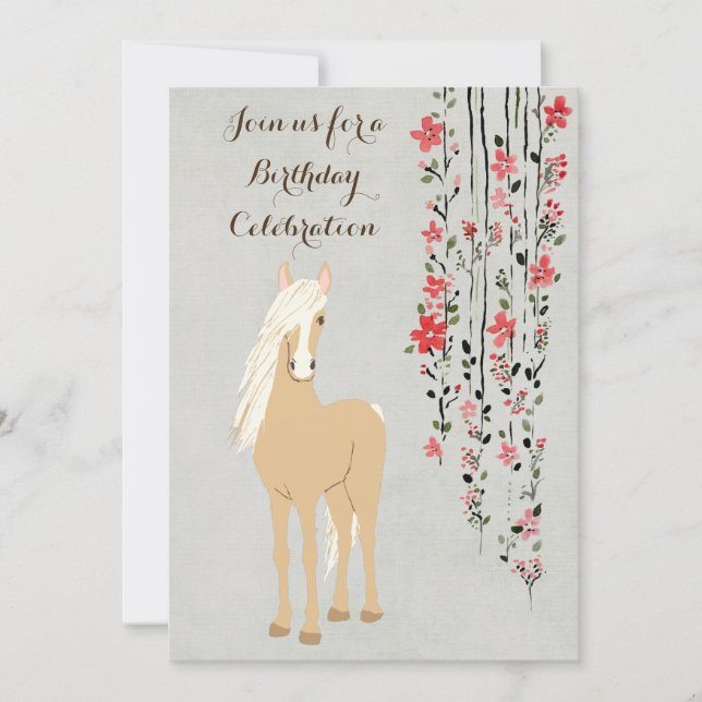 Pretty Palomino Pony and Flowers Horse Birthday Invitation (Front)