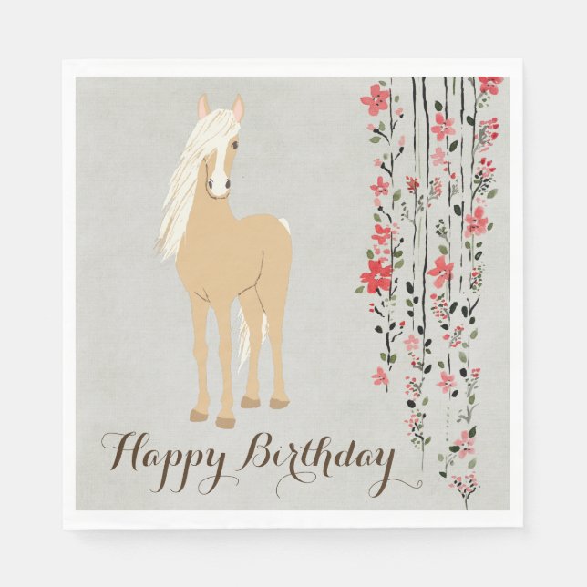 Pretty Palomino Pony Flowers Horse Happy Birthday Napkins (Front)