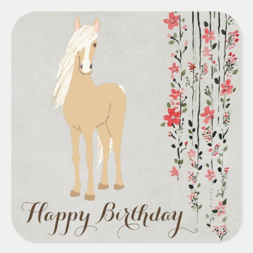Pretty Palomino Pony Flowers Horse Happy Birthday Square Sticker
