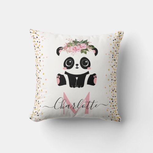 Pretty panda floral monogram personalized throw pi throw pillow