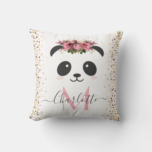 Pretty panda floral monogram personalized  throw pillow (Front)