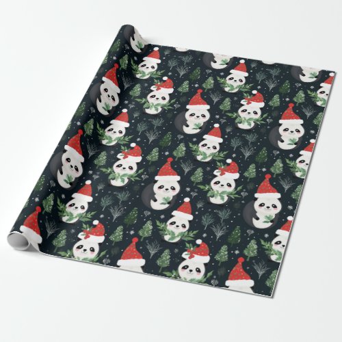 Pretty Panda Santa Winter holiday pattern  Wrapping Paper