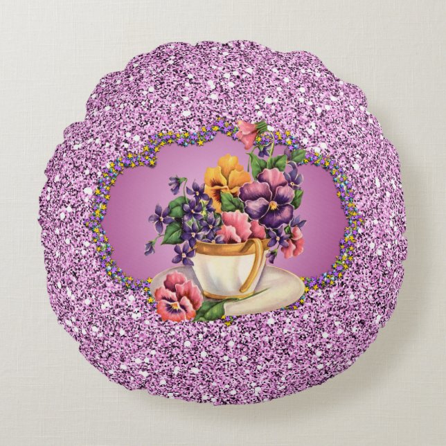 Pretty Pansies in Teacup Lavender Faux Glitter Round Pillow (Front)