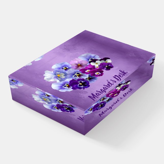 Pretty Pansies Personalized Paperweight gift (Angled)