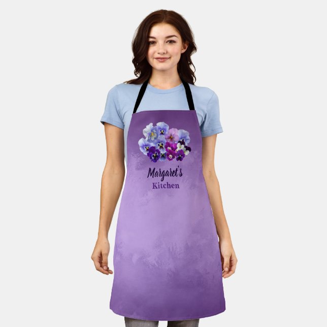 Pretty Pansies Personalized Purple Apron Floral (Worn)