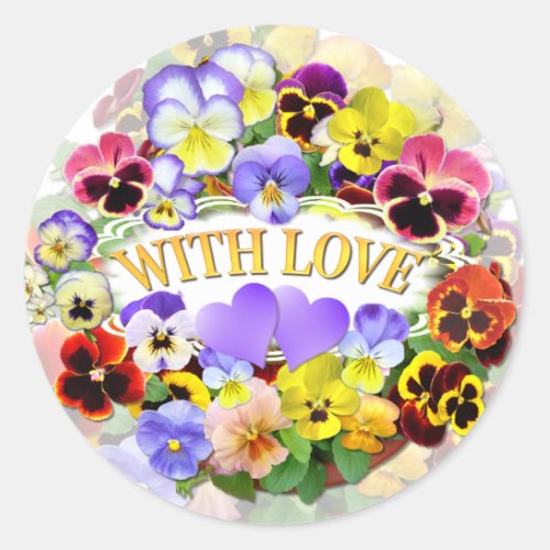 Pretty Pansies With Love and Hearts Classic Round Sticker