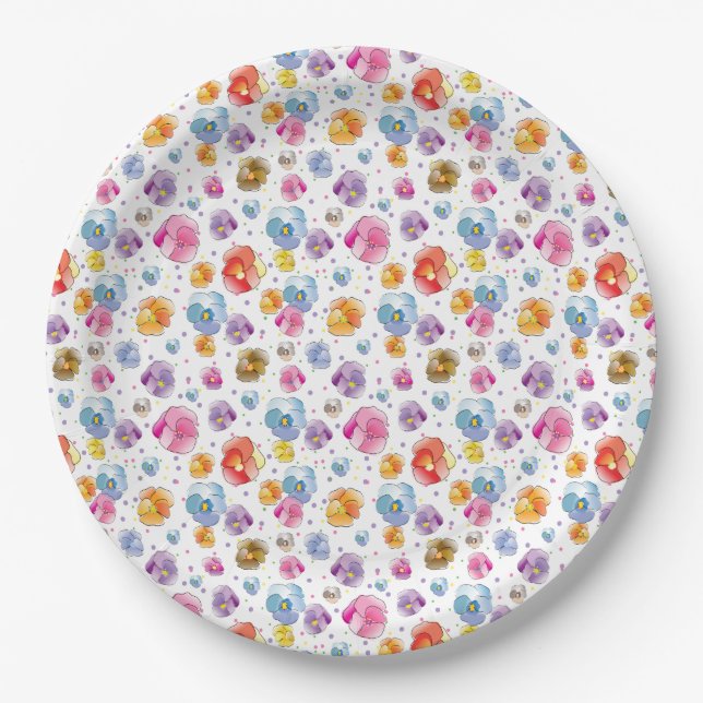 Pretty Pansy Summer Floral Illustration Pattern Paper Plates (Front)