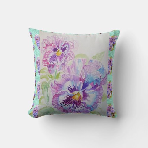 Pretty Pansy Watercolour Painting Aqua Cushion