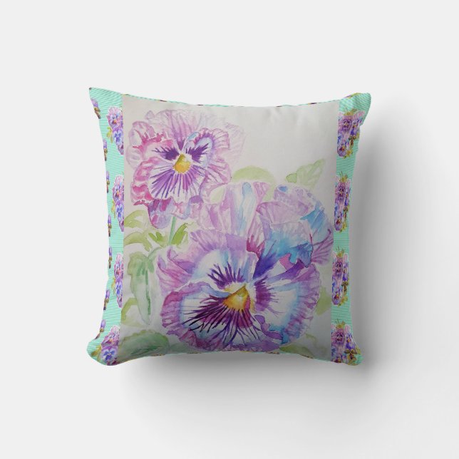 Pretty Pansy Watercolour Painting Aqua Cushion (Front)