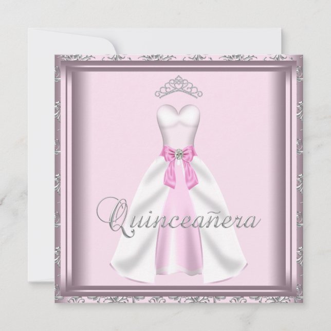Pretty Party Dress Pink and Gray Quinceanera Invitation (Front)
